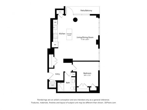 Floor plan for 1 bed, 1 bath, 827 sqft